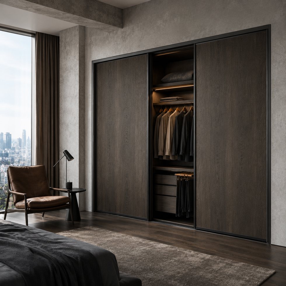 Custom Walk-In Closet Wardrobe with Dark Wood-Grain-Look Flush Storage Wall
