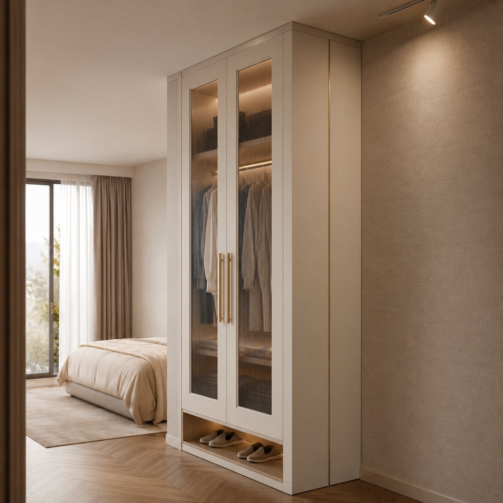 Custom Walk-In Closet Wardrobe with Glass-Front Display Doors and Integrated Lighting