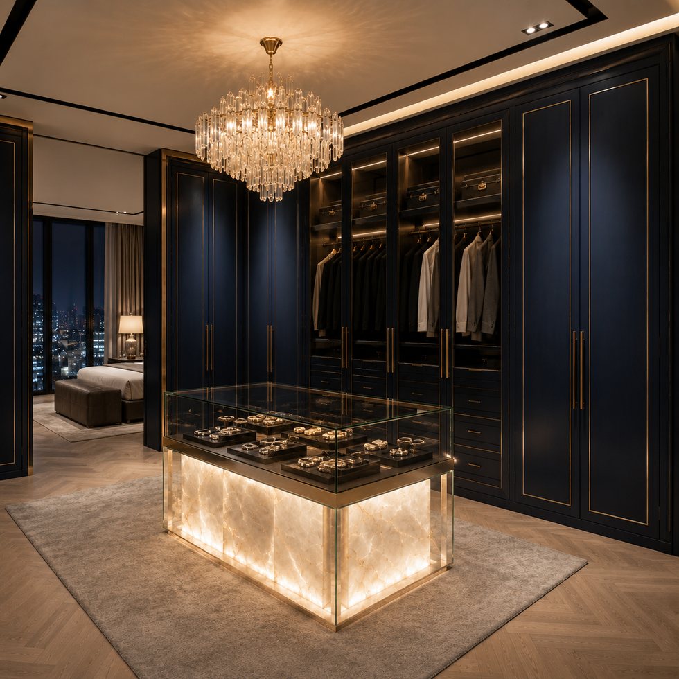 Custom Walk-In Closet Wardrobe with Midnight Blue Panels and Lit Display Island