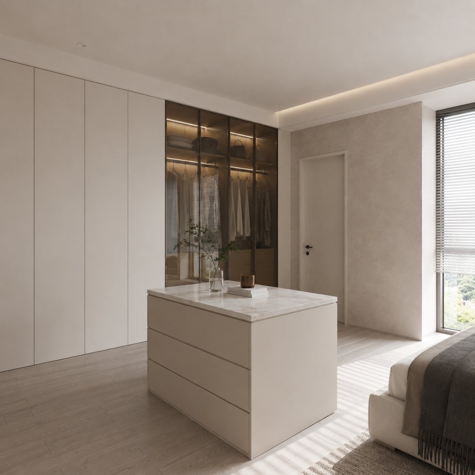 Custom Walk-In Closet Wardrobe with Minimal White Wall Storage and Island