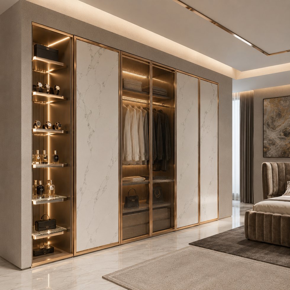 Custom Walk-In Closet Wardrobe with Pale Veined Panels and Twin Display Towers