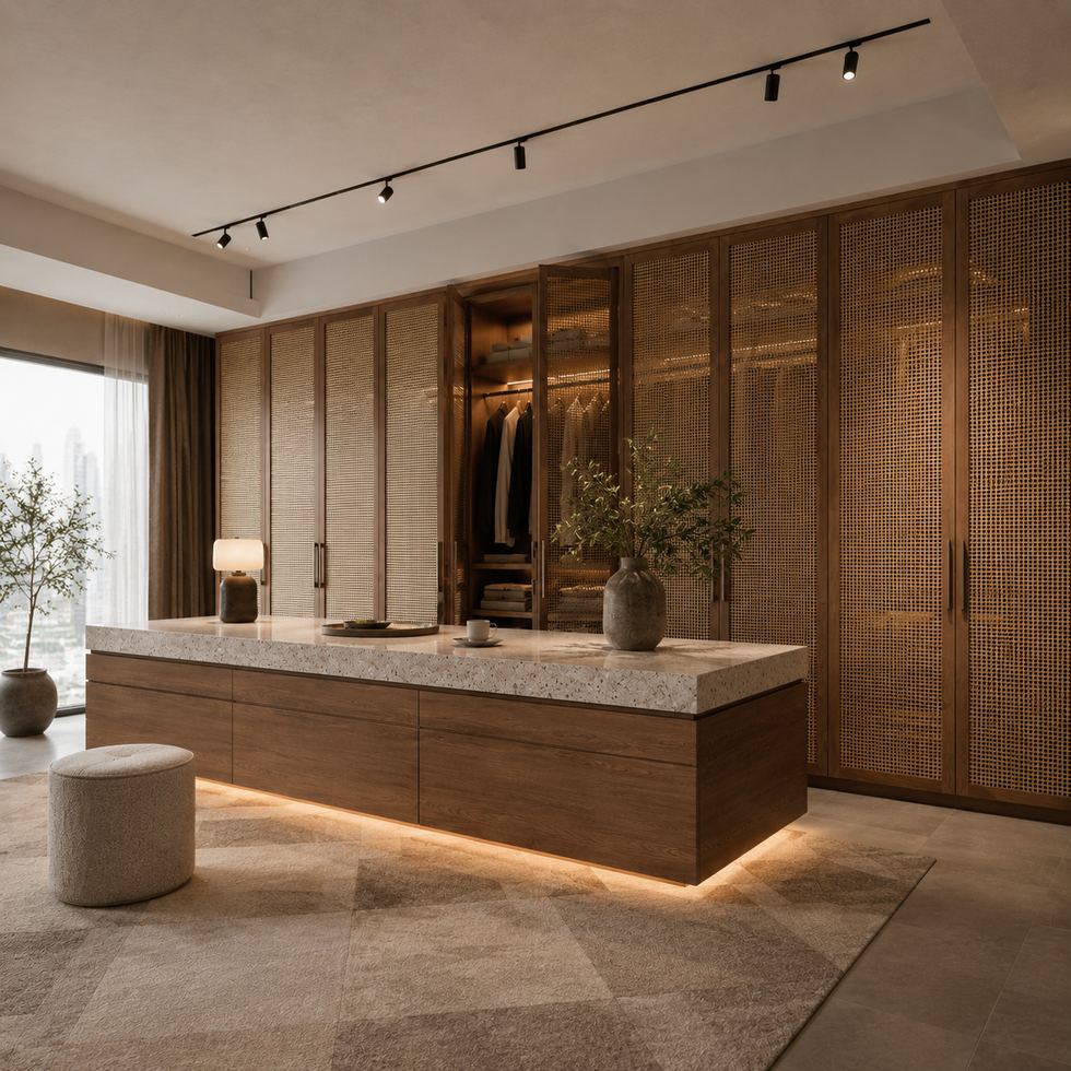 Custom Walk-In Closet Wardrobe with Perforated-Look Doors and Dressing Island