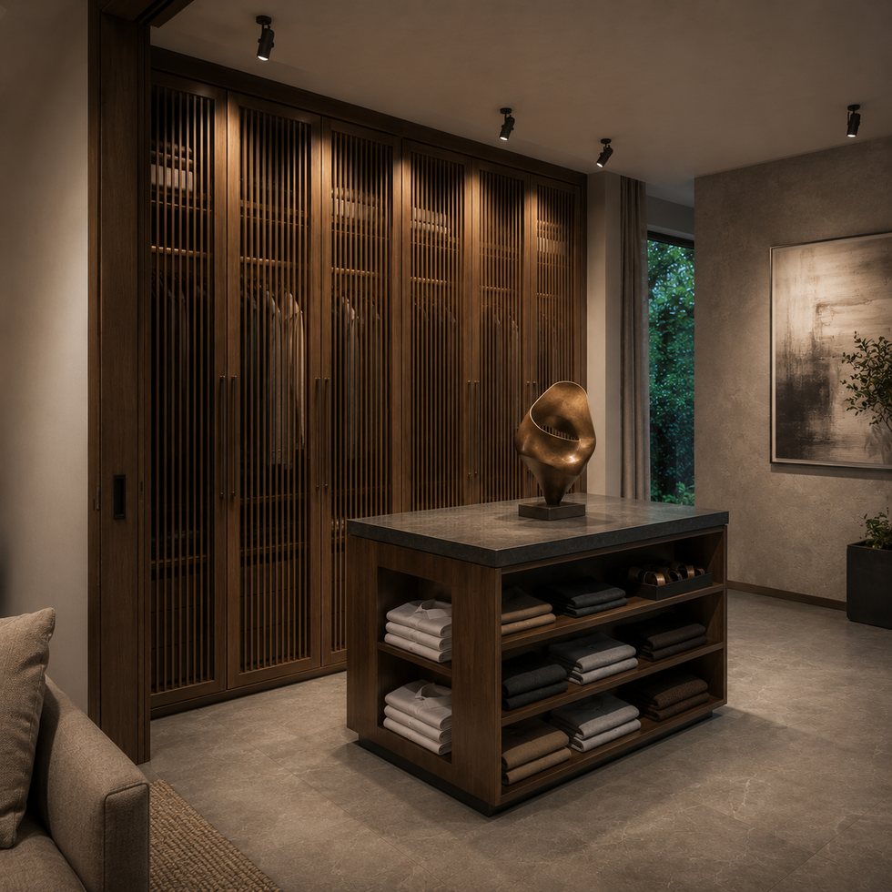 Custom Walk-In Closet Wardrobe with Ribbed-Look Storage Wall and Open Console