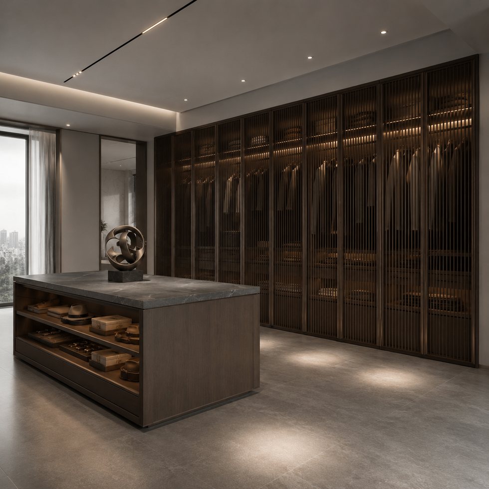Custom Walk-In Closet Wardrobe with Smoked-Look Display Wall and Central Island
