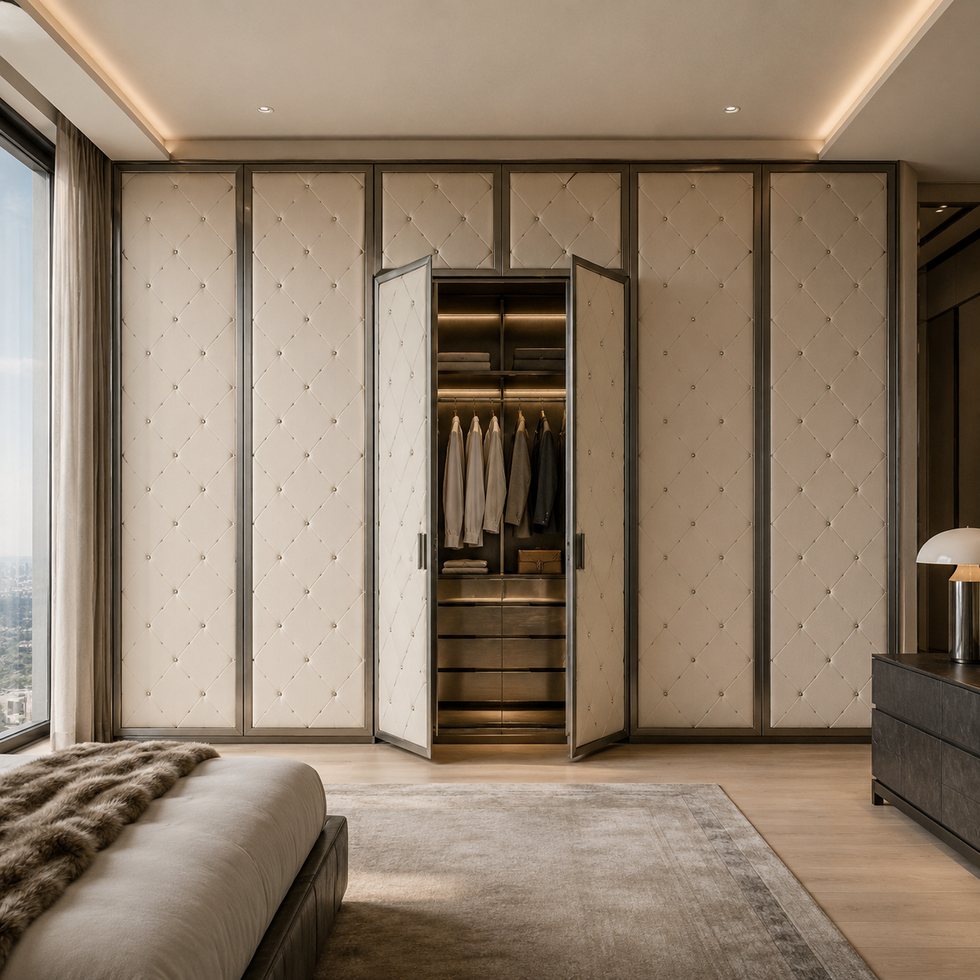 Custom Walk-In Closet Wardrobe with Soft Quilted Door Insert Detail