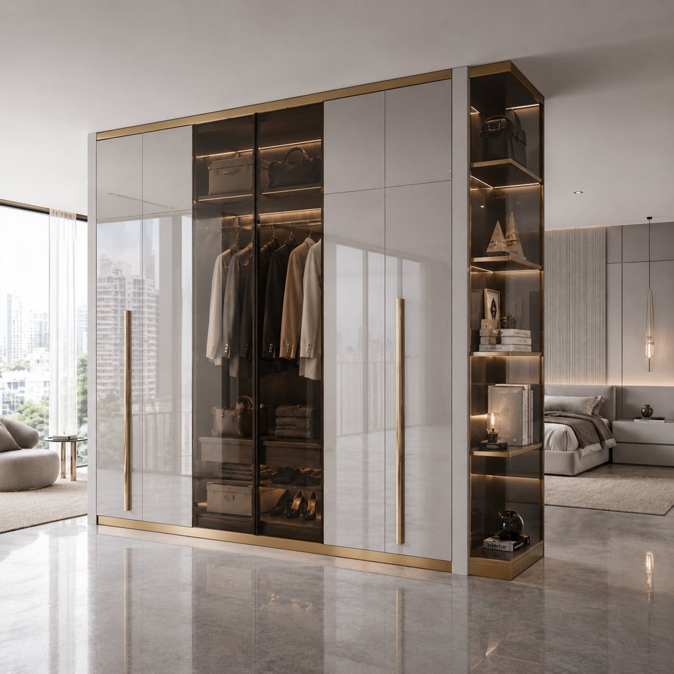 Custom Walk-In Closet Wardrobe with Transparent Partition and End Display Tower