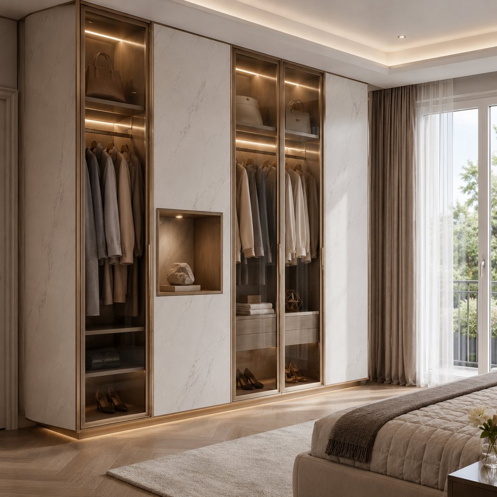 Custom Walk-In Closet Wardrobe with Veined-Look Door Panels and Display Bays
