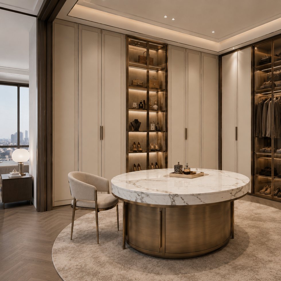 Custom Walk-In Closet Wardrobe with Warm Beige Panels and Lit Storage Niche