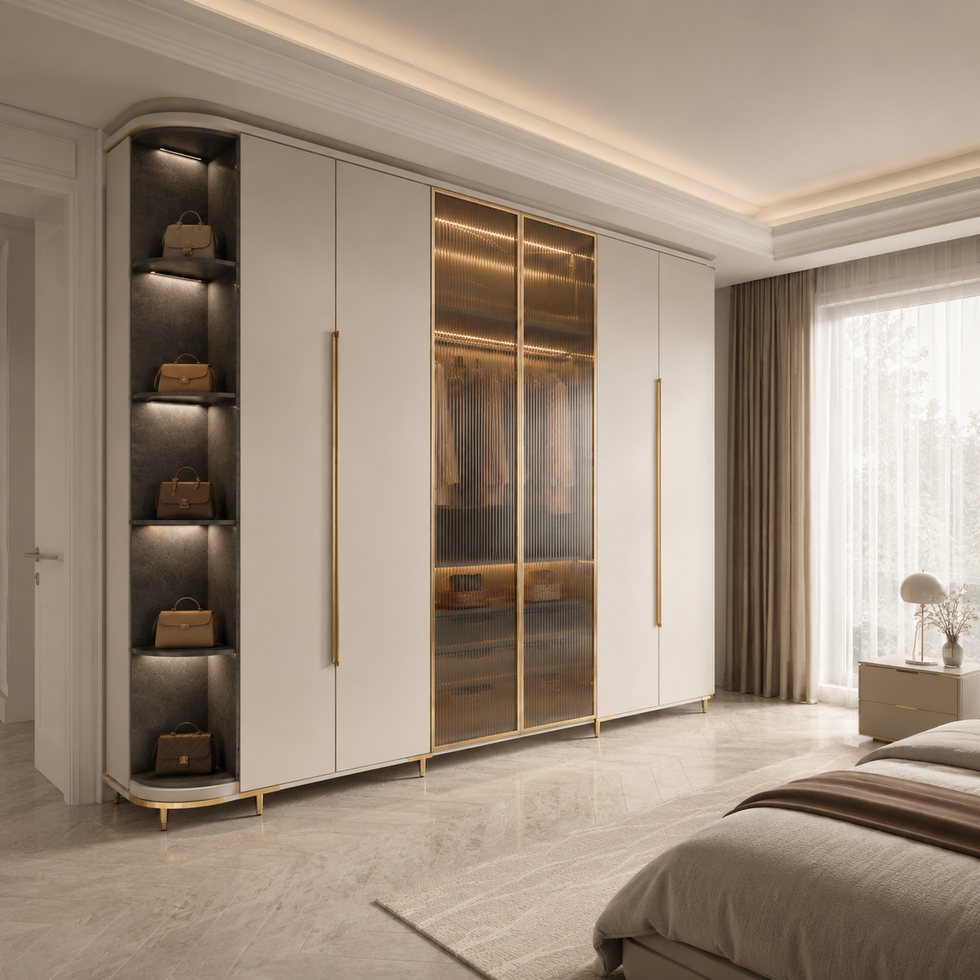Custom Walk-In Closet Wardrobe with White Panels and Bronze-Tone Display Tower
