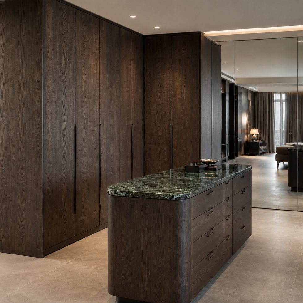 Custom Walk-In Closet Wardrobe with Wood-Grain-Look Wall and Stone-Look Island