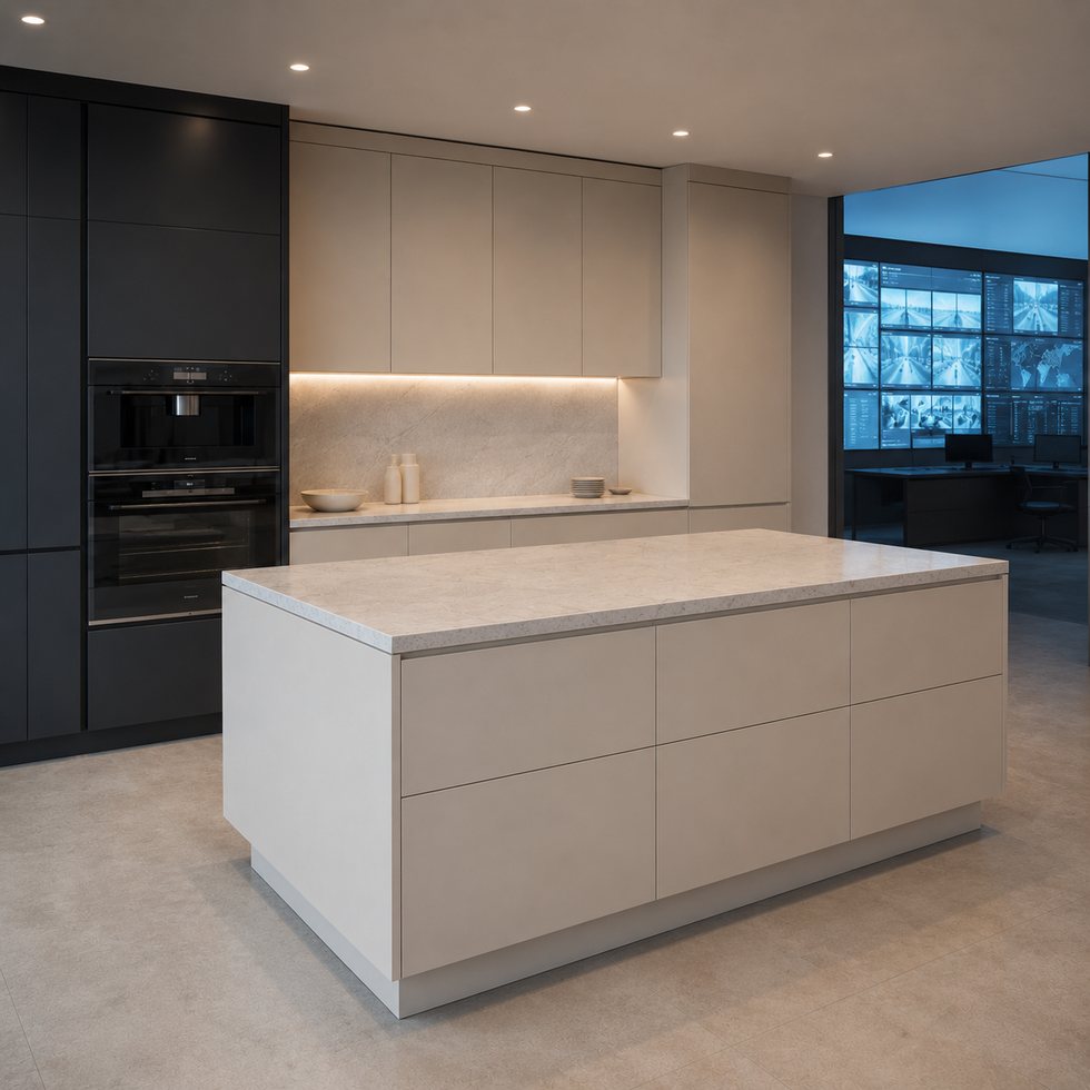 Dark Appliance Bank Custom Kitchen Cabinets with Soft Gray Island