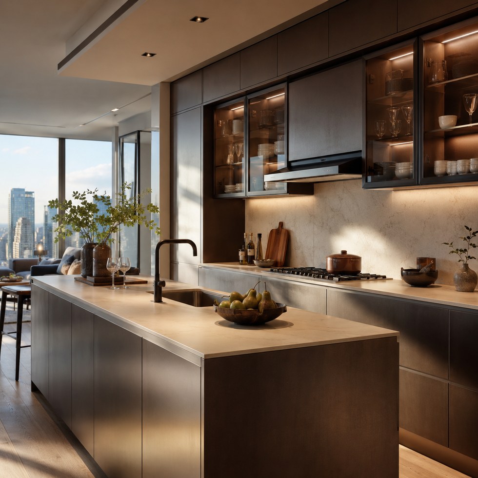 Dark Brown Modern Kitchen Cabinets with Island and Glass Wall Cabinets