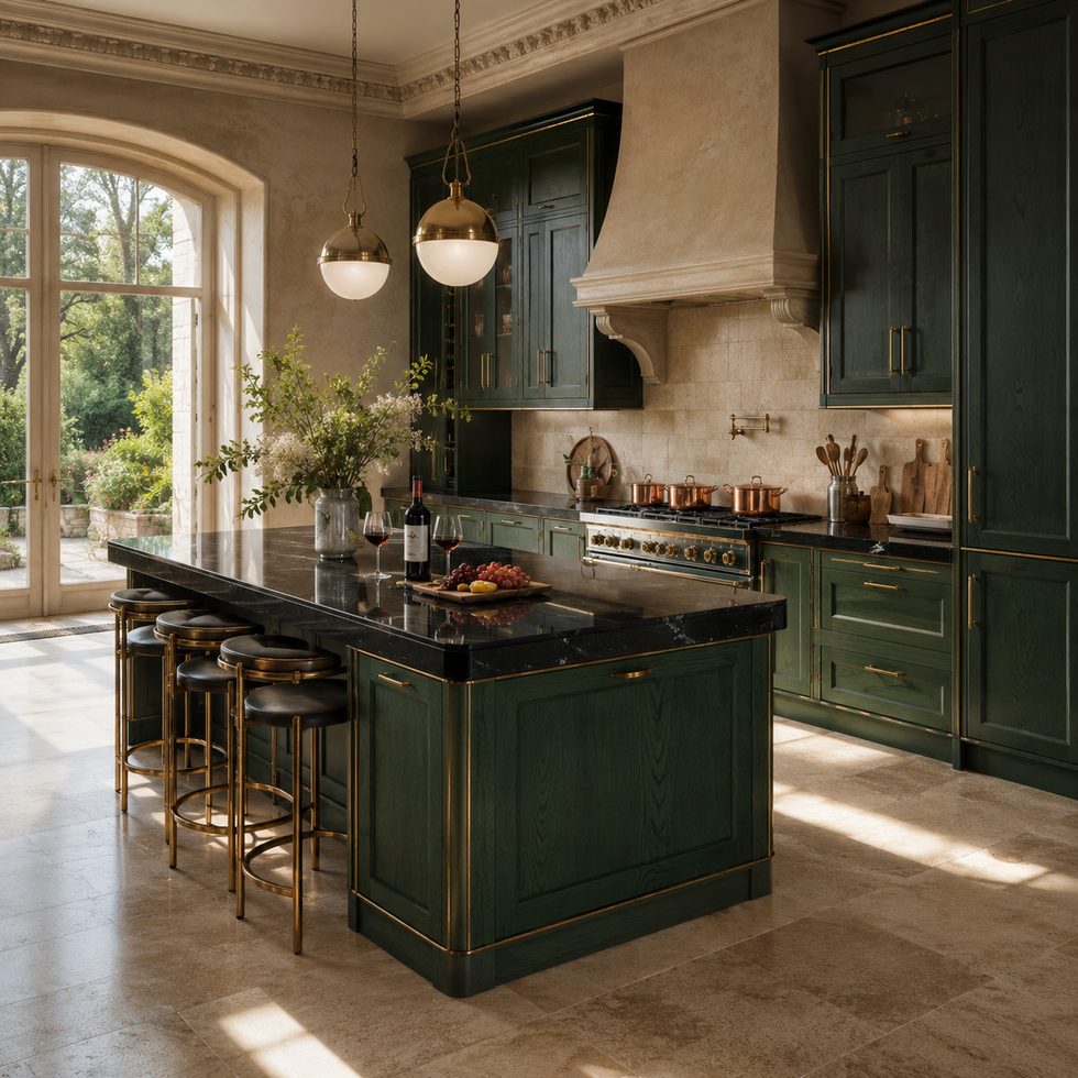 Dark Green Classic Kitchen Cabinets with Island and Black Stone-Look Countertop