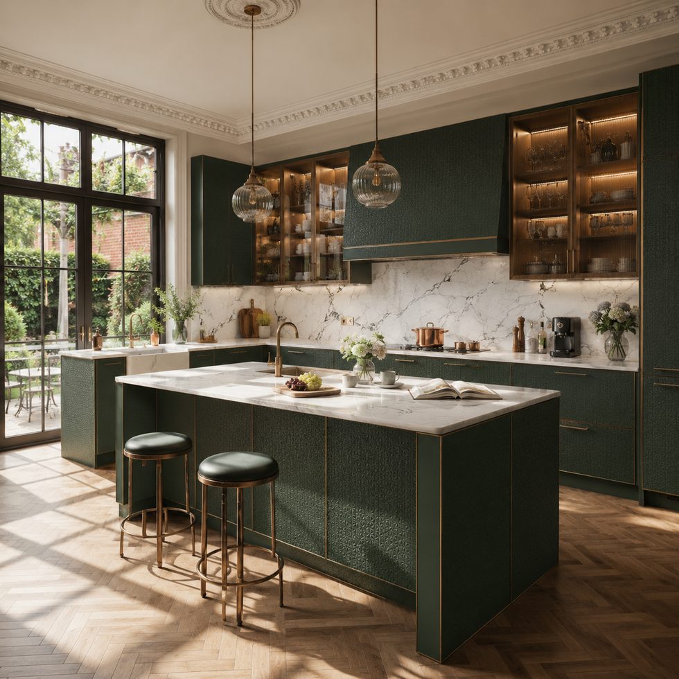 Dark Green Kitchen Cabinets With Island and Glass Display Storage