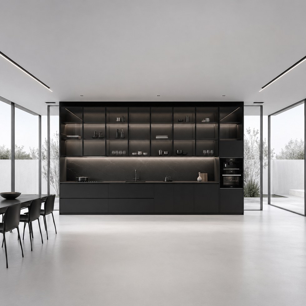 Dark Modern Kitchen Cabinets With Glass Display Wall Units