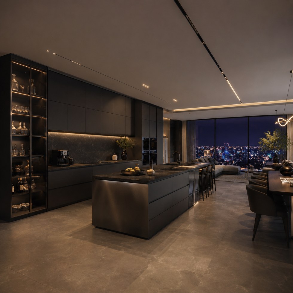 Dark Modern Kitchen Cabinets With Island and Glass Display Storage