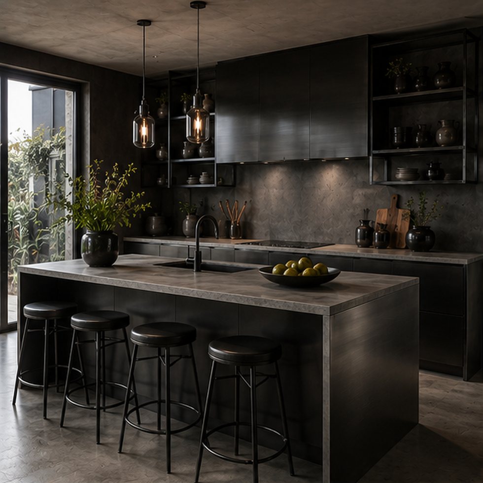 Dark Slate Lounge Custom Kitchen Cabinets with a Linear Bar Island