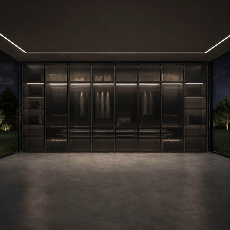 Dark Smoked Glass Walk-In Closet Wardrobe With Integrated Lighting