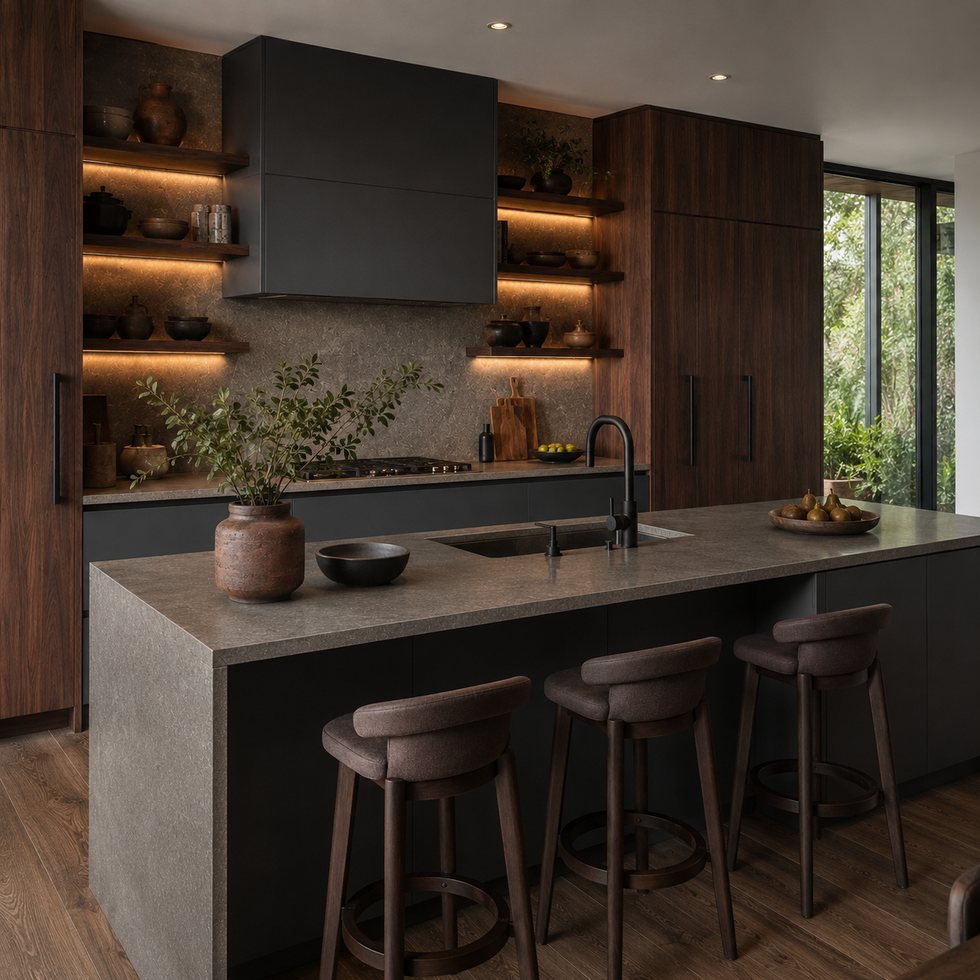 Dark Walnut Bar-Front Custom Kitchen Cabinets with Twin Open Shelf Bays