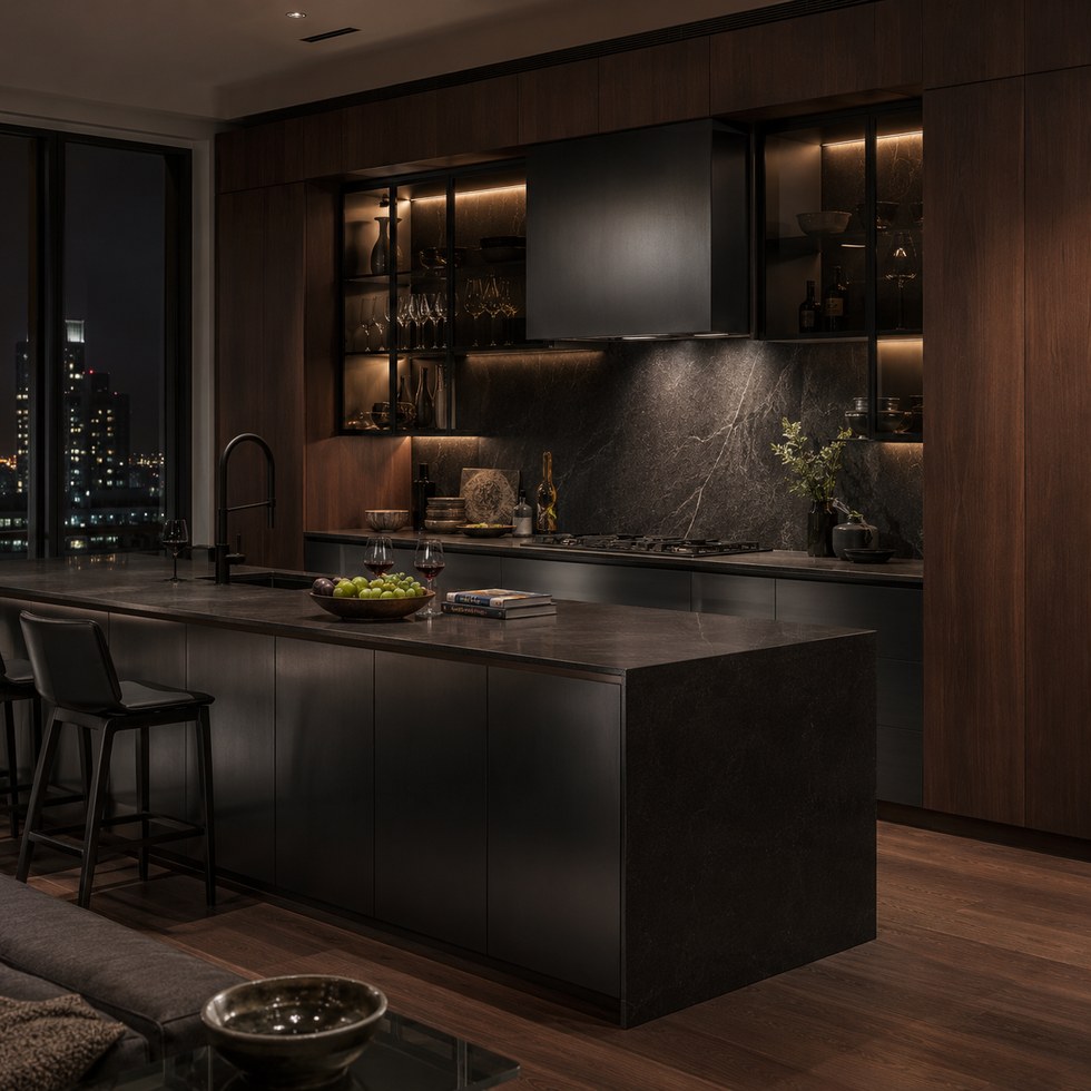 Dark Wood Grain Kitchen Cabinets With Black Island and Glass Display Units