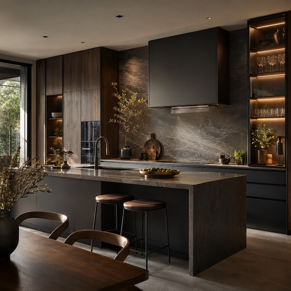 Dark Wood-Look Kitchen Cabinets with Stone-Look Island and Warm Display Shelves