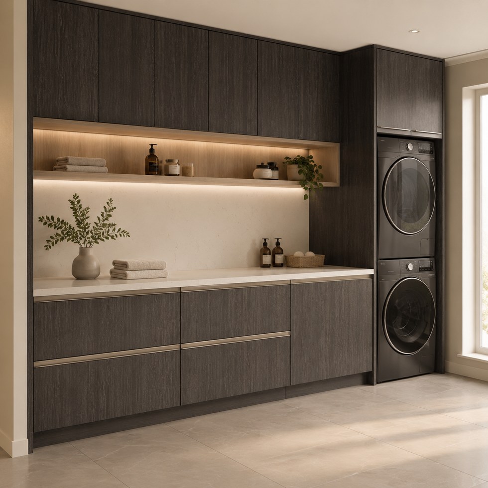 Dark Wood-Look Laundry Room Cabinets with Stacked Appliances