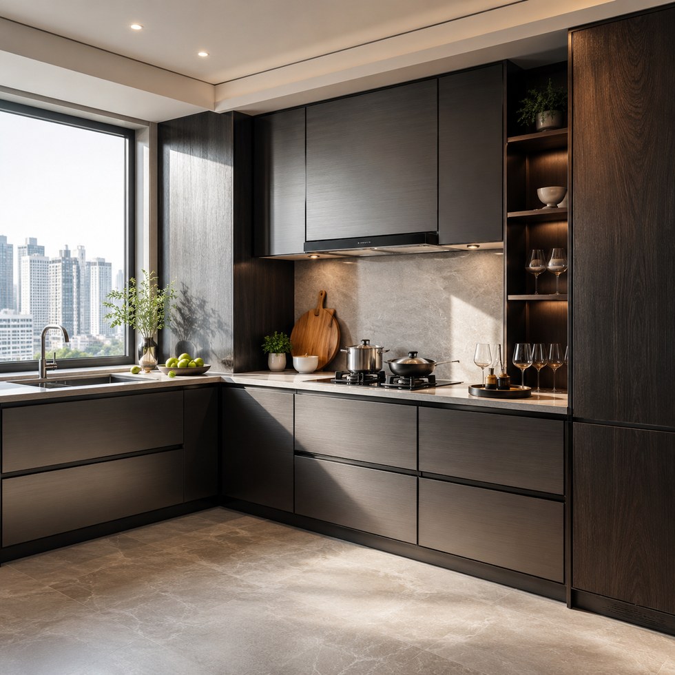 Dark Woodgrain Modern Kitchen Cabinets with Integrated Shelving