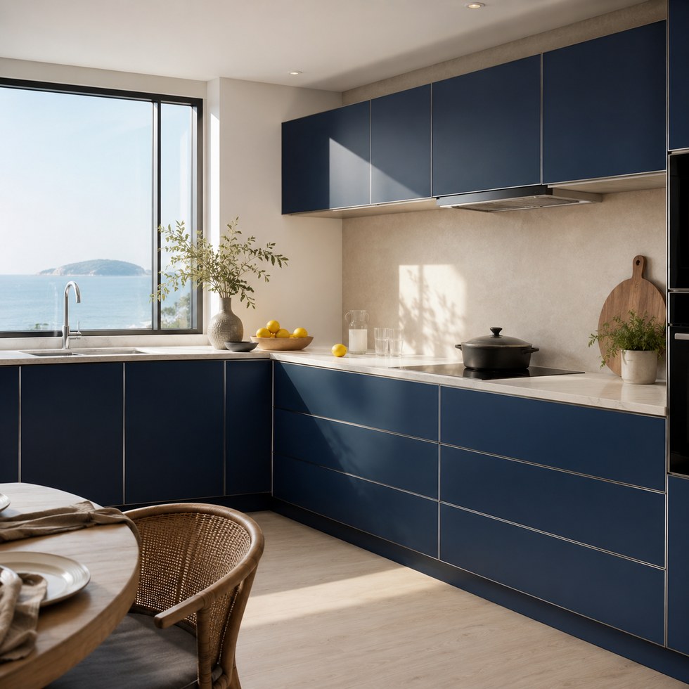 Deep Navy Blue Slab Door Kitchen Cabinets with White Countertop