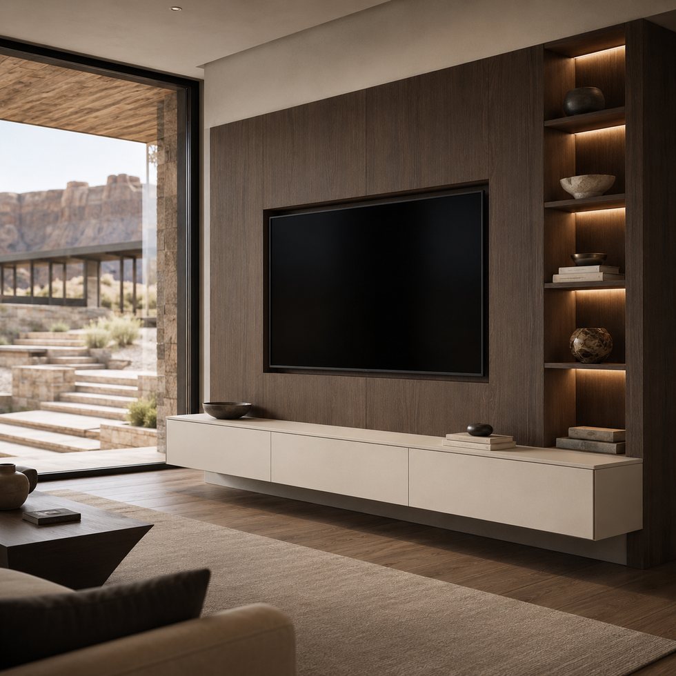 Desert-View Custom TV Wall Panel Cabinet with Deep Walnut Backdrop and Tall Corner Display