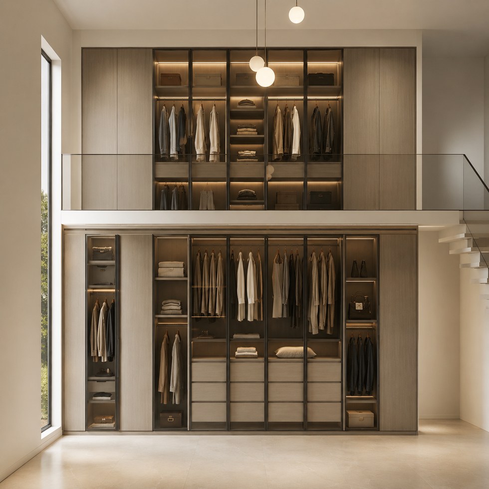 Double-Height Wood-Look Walk-In Closet Wardrobe with Glass Doors