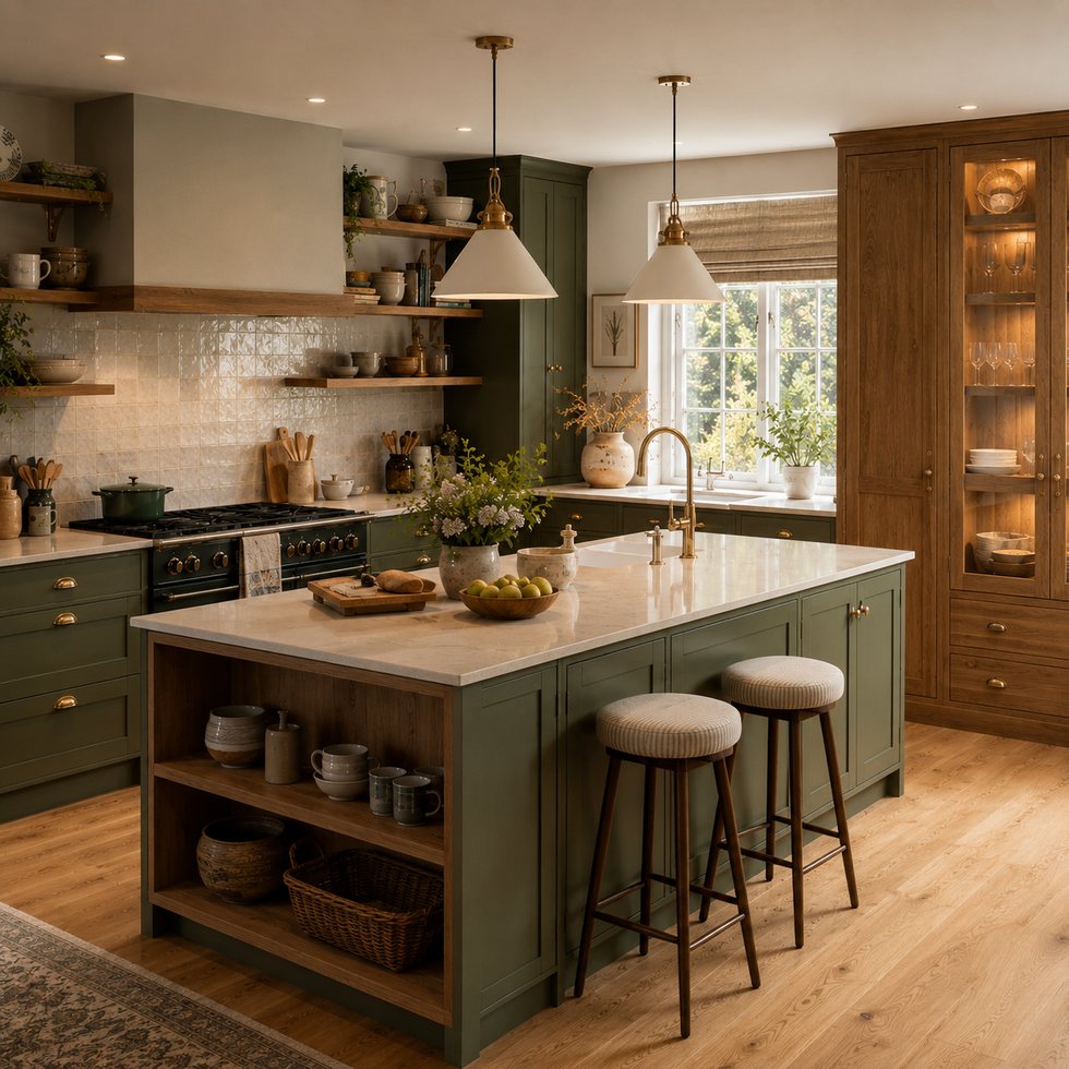 Evergreen Island Custom Kitchen Cabinets with a Timber-Tone Display Tower