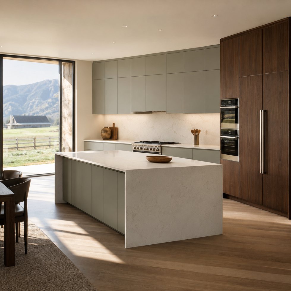 Farm-View Sage Island Custom Kitchen Cabinets with Vertical Wood-Toned Storage