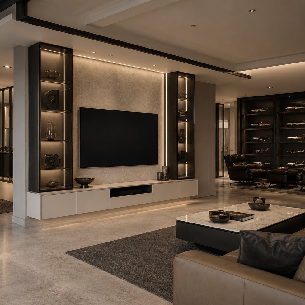 Gallery-Frame Custom TV Wall Panel Cabinet with Tall Glass Displays and Center Stone Screen