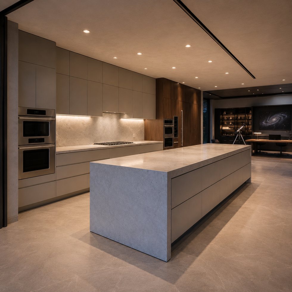 Gallery-Length Taupe Island Custom Kitchen Cabinets with Smoky Display Wall