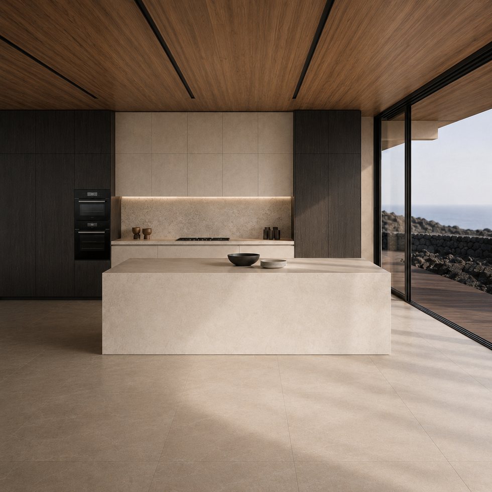 Gallery Style Custom Kitchen Cabinets with Dark Wood Ceiling Contrast