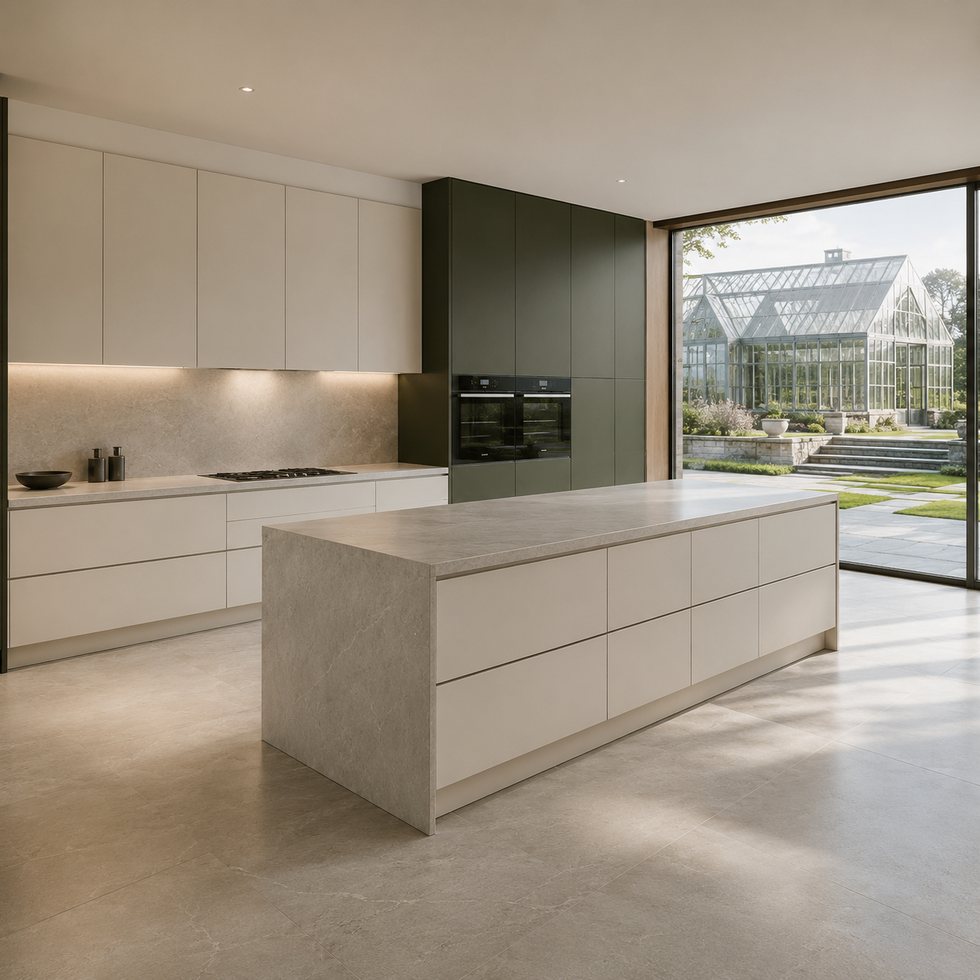 Garden-View Ivory Island Custom Kitchen Cabinets with Olive Appliance Portal