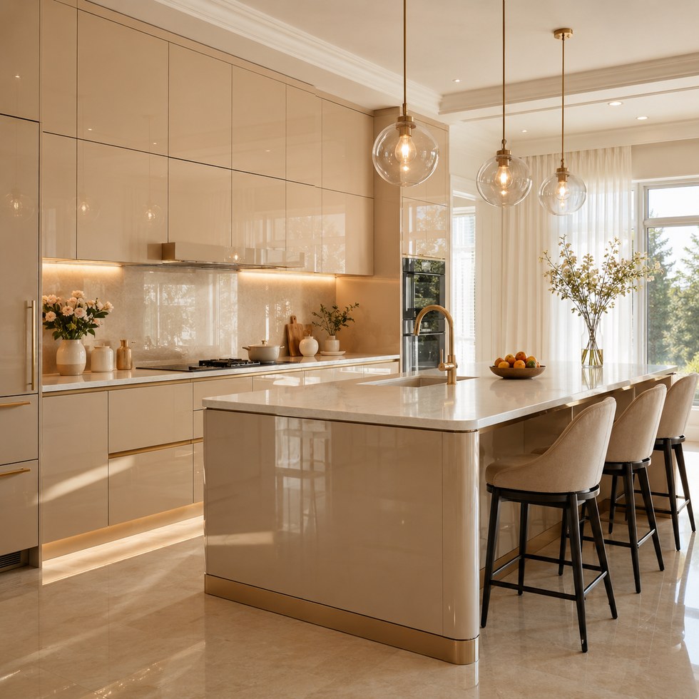 Glossy Beige Modern Kitchen Cabinets With Island and Warm Lighting
