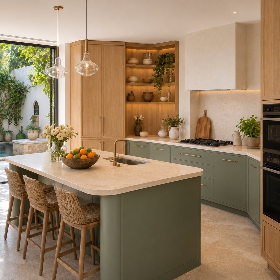 Golden Display Tower Custom Kitchen Cabinets with a Soft Green Island