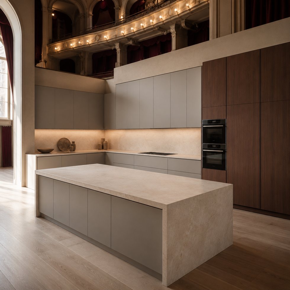 Grand Interior Custom Kitchen Cabinets with Full-Height Wood Storage