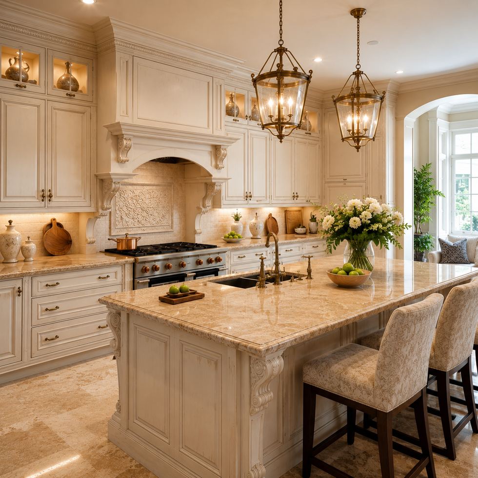 Grand Ivory Custom Kitchen Cabinets with a Corbel Range Wall and Lantern Lights