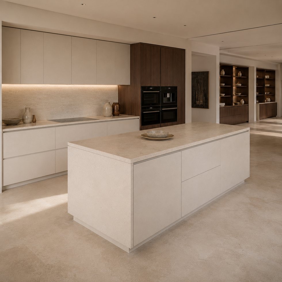 Grand White Island Custom Kitchen Cabinets with a Walnut-Toned Display Wall