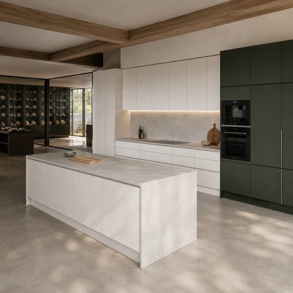 Green Accent and White Custom Kitchen Cabinets with Marble Look Island