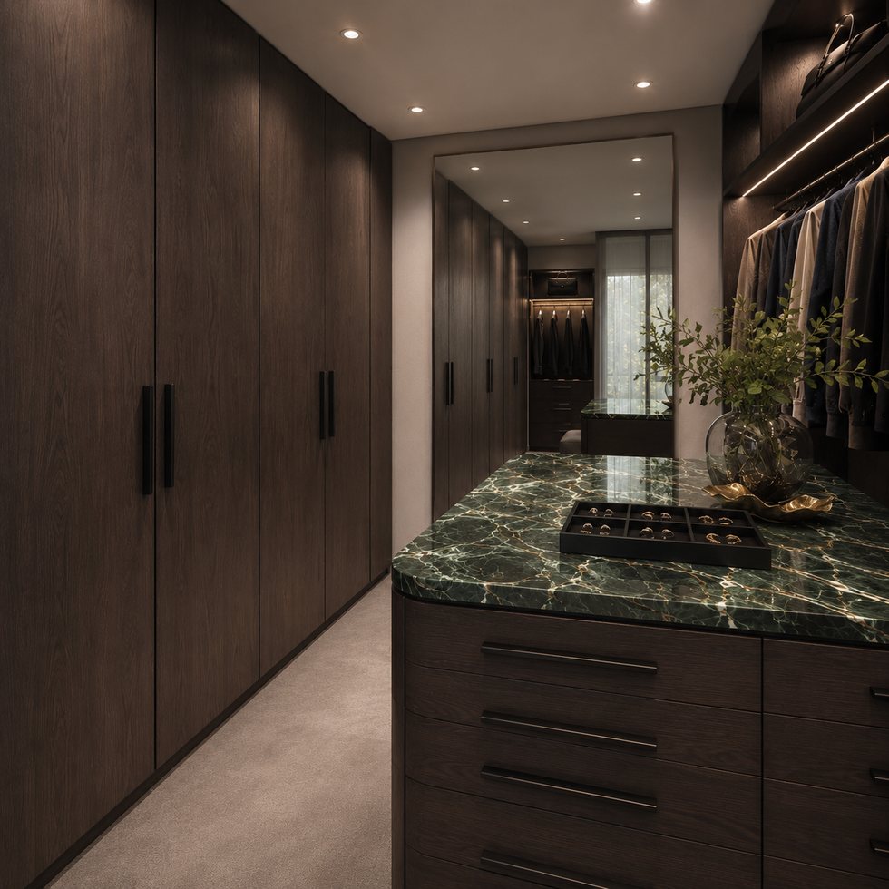 Green Veined Island Custom Walk-In Closet Wardrobe with Dark Corridor Storage