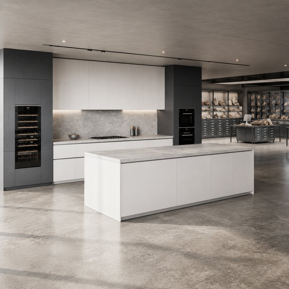 Grey and White Contemporary Custom Kitchen Cabinets with Display Backdrop