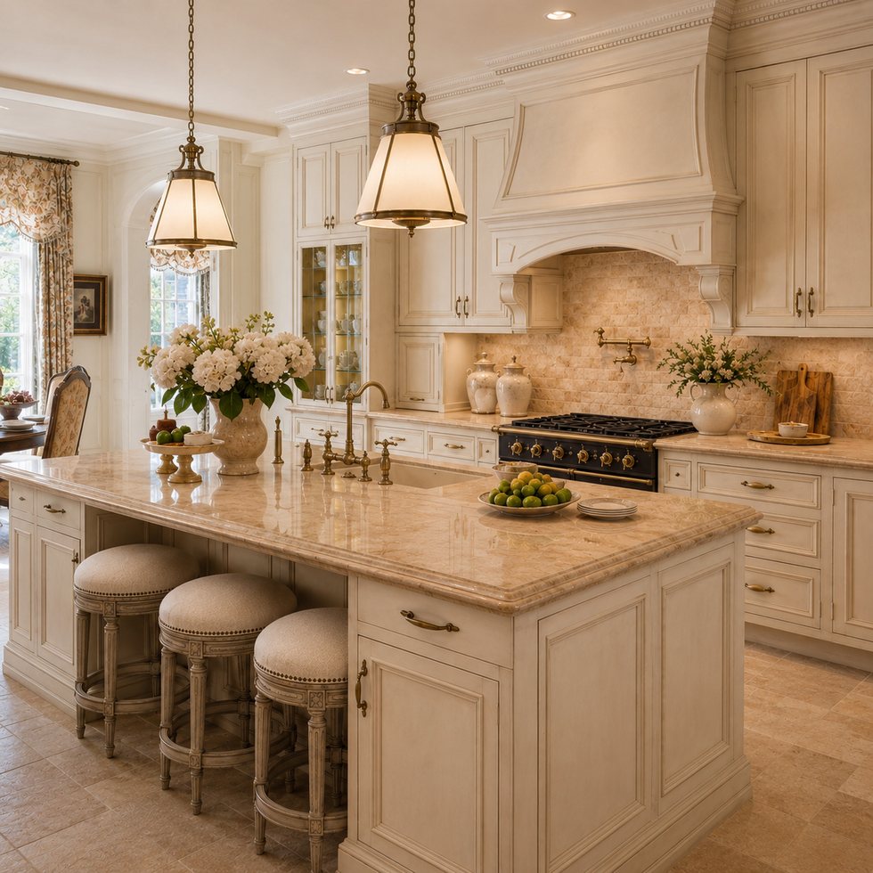 Heritage Cream Custom Kitchen Cabinets with a Carved Hood and Turning Island