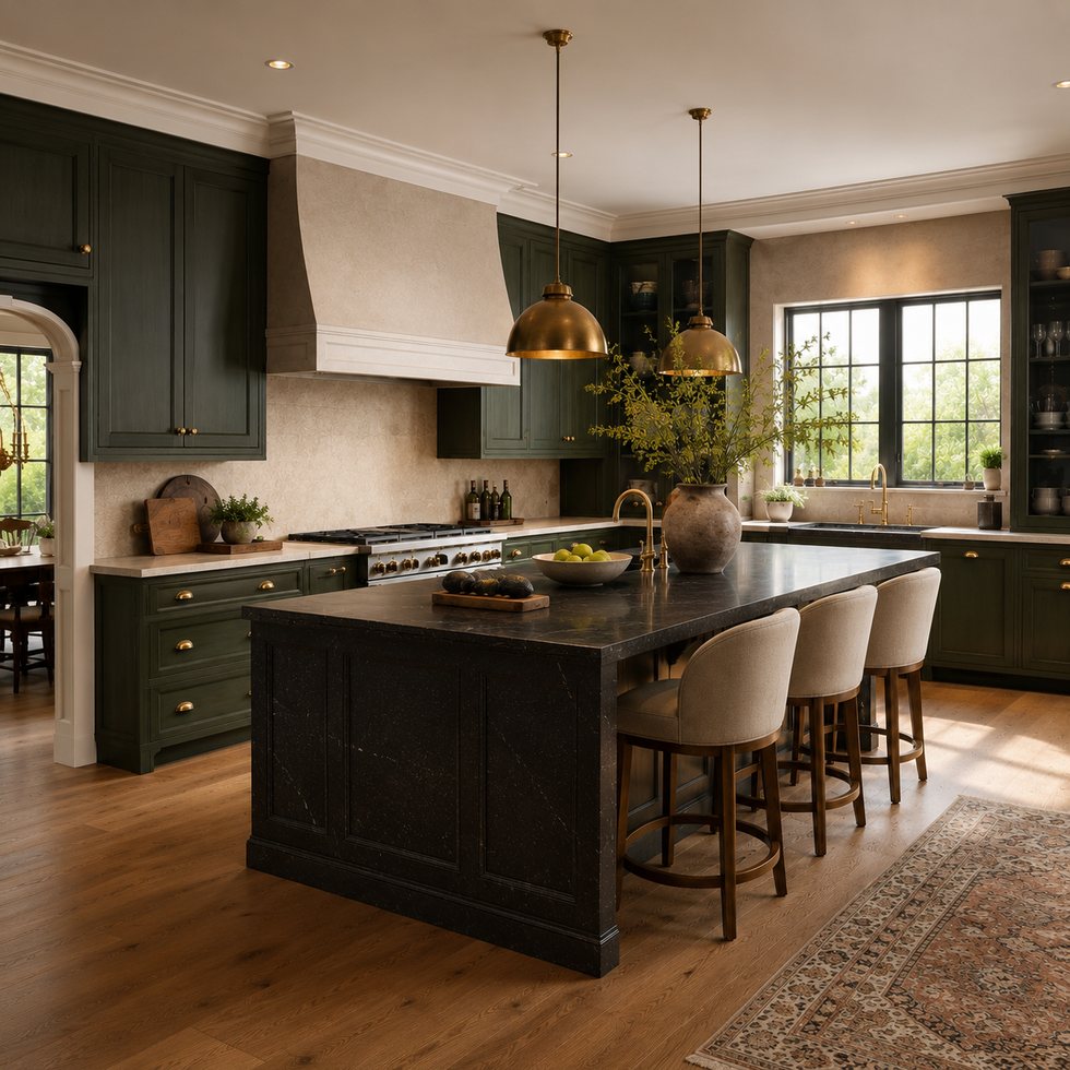Heritage Green Range Wall Custom Kitchen Cabinets with a Black Work Island