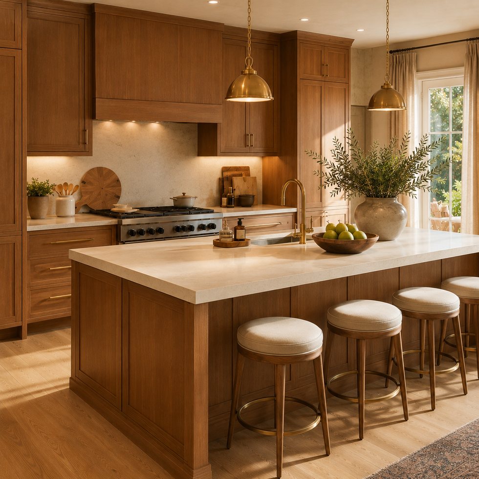 Heritage Oak Framed Custom Kitchen Cabinets with a Deep Breakfast Island
