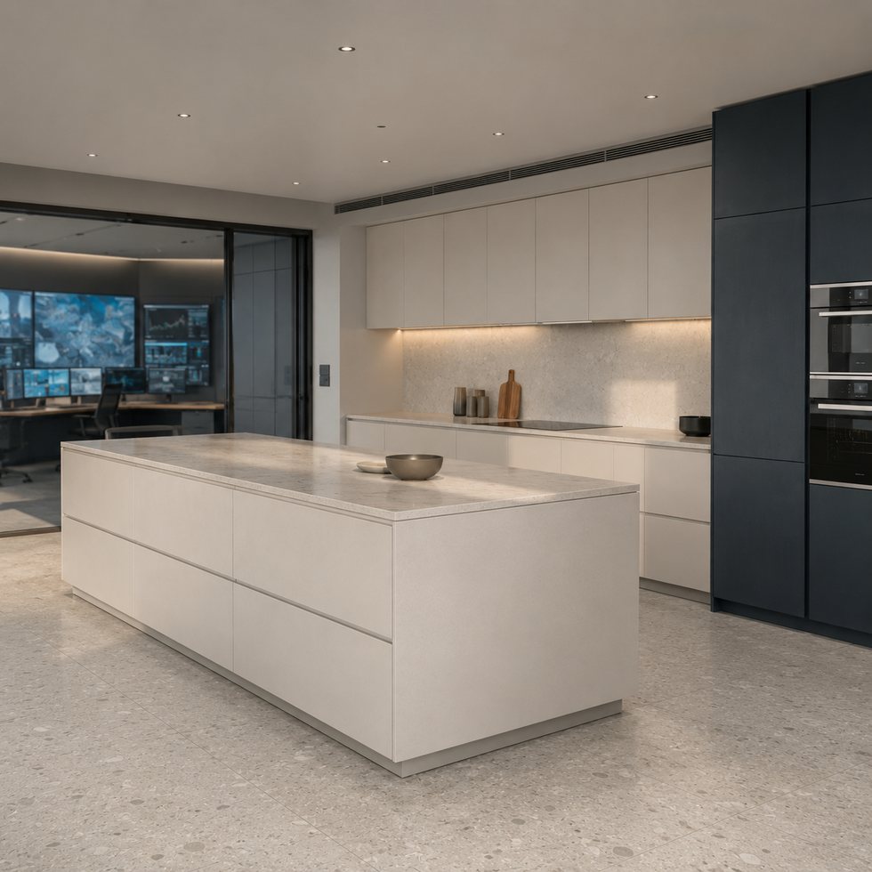 Horizon Glazing White Island Custom Kitchen Cabinets with Midnight Blue Tower