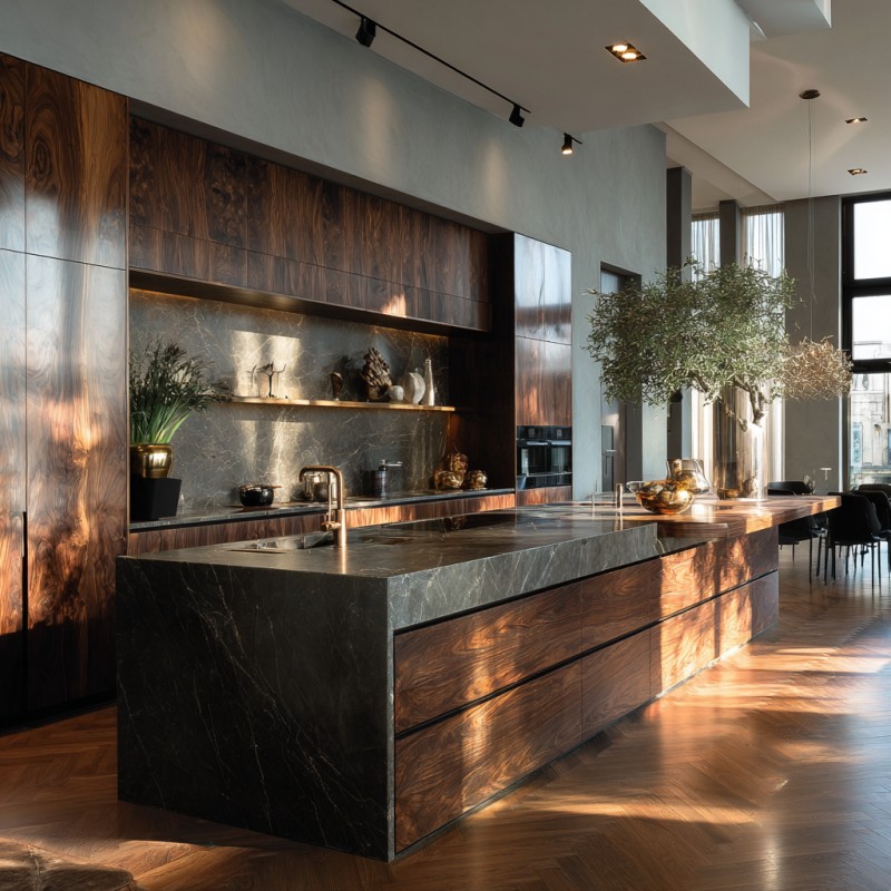 Minimalist Wood Veneer Kitchen Cabinets