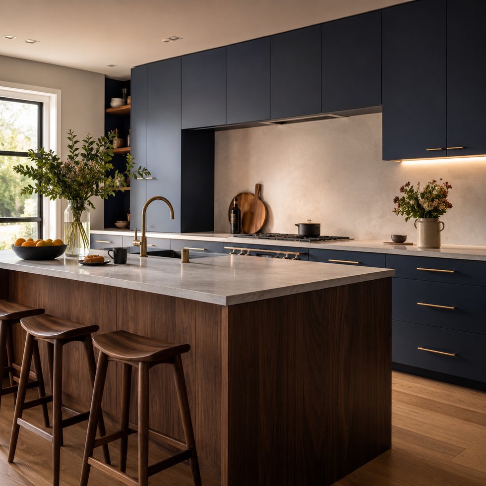Indigo Cabinet Wall Custom Kitchen Cabinets with Walnut Breakfast Island